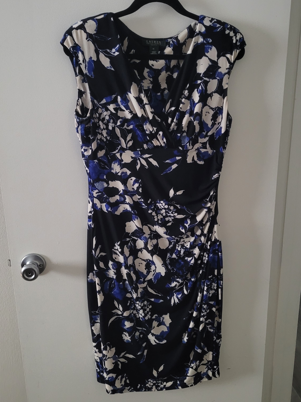 Lauren Ralph Lauren Black, Navy & Cream Floral Wrap-Style Midi Dress